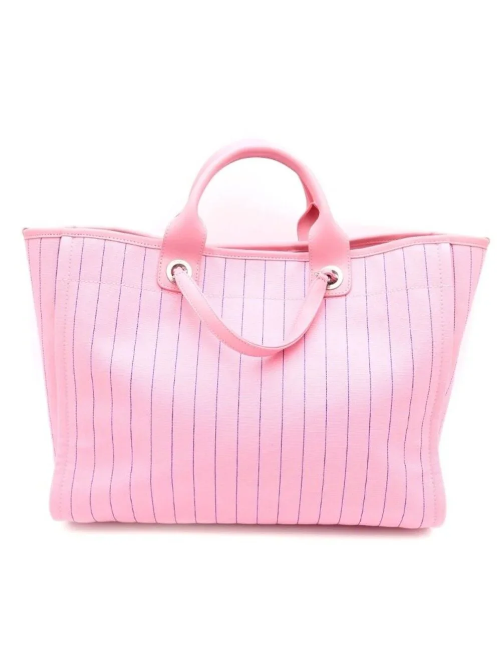Chanel Deauville GM Canvas Leather Silver 2-Way Chain Tote Plate Pink